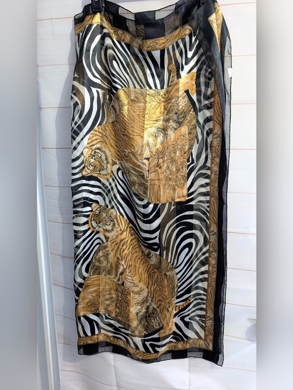 Semi Sheer Tiger 🐅 & Zebra 🦓 Print Scarf - Black, Gold, White 42" X 42" 😊